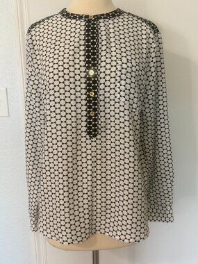 Adrienne Vittadini Blouse Black White Geometric Print Button Front Size Large